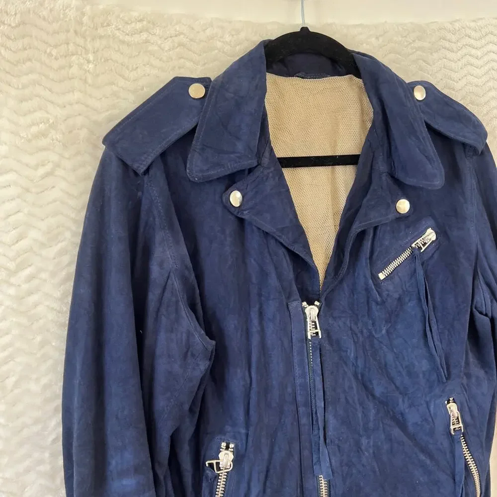 Martin Asbjorn Suede Leather Fringe Moto Biker Jacket Navy Blue Silver Sz Large - Picture 11 of 16
